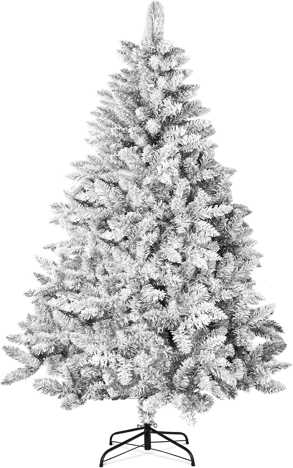 Trees - SOLAURA 6 FT Snow Flocked Christmas Tree, Artificial Christmas Tree Hinged Xmas Tree with 800+ Branch Tips & Metal Stand for Indoor and Outdoor Holiday Decoration, White