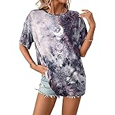 Remidoo Women's Casual Crewneck Short Sleeve Sun and Moon Print Tie Dye Oversized Graphic Top T-Shirt