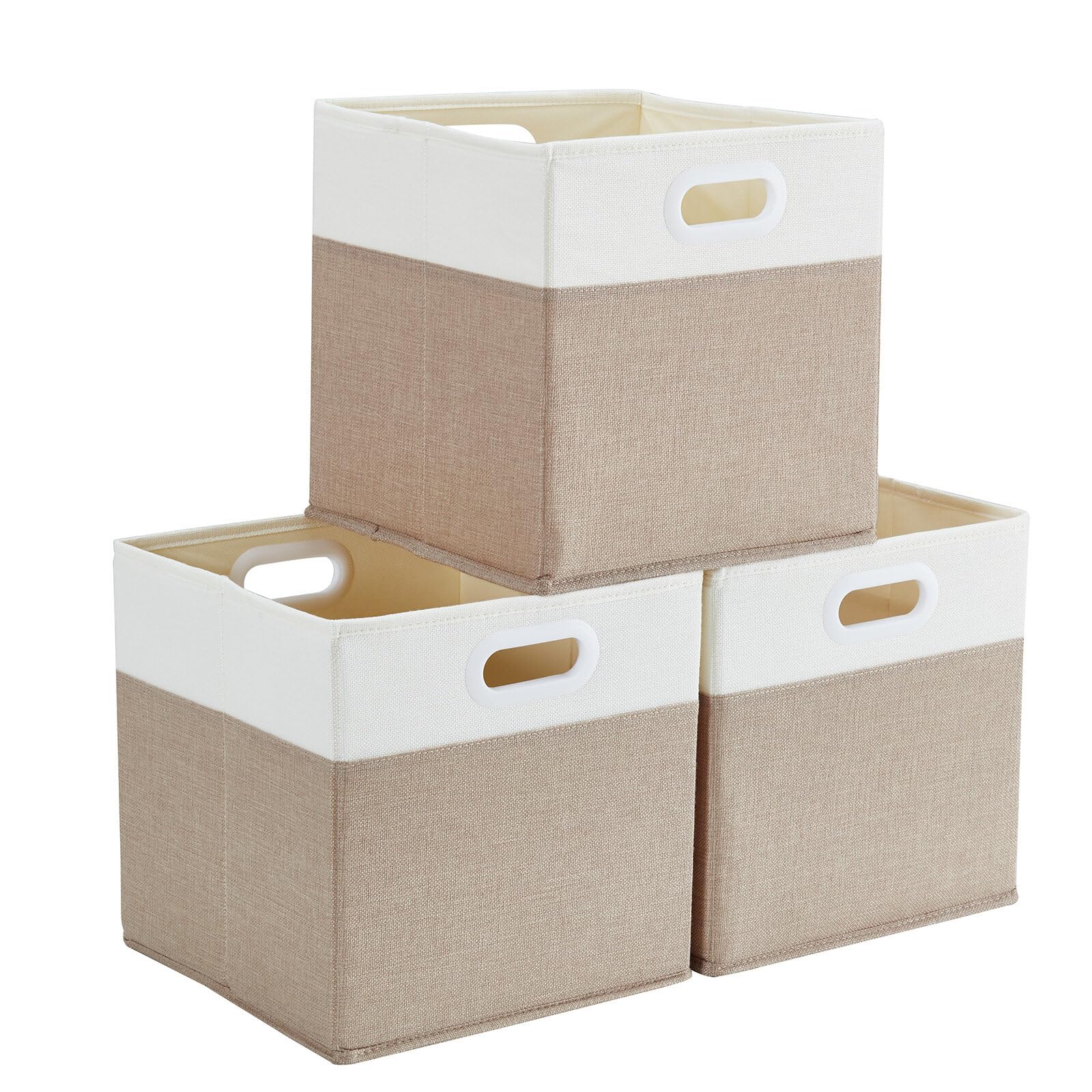 Mangata Cube Storage Boxes 30x30 x30 cm, Fabric Storage Cube Baskets for Clothes Bins, Baskets, Chests,Toys (Light Khaki/Cream White, 3Pcs)