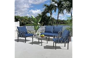 DOMI OUTDOOR LIVING Domi Outdoor 4 PCS Patio Conversation Set with Removable Navy Blue Cushions, Plastic Dining Table and Chairs Dining Set for Garden Lawn Yard