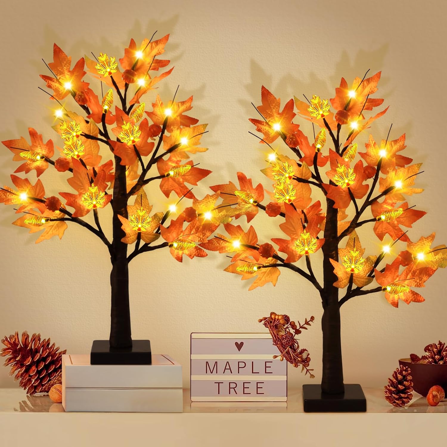 Trees - 2 Pack Fall Decor 24 Inch Prelit Fall Maple Tree with 48 LEDs Timer Battery Operated, Fall Decoration Tabletop Acorn Pumpkin Maple Leaves Artificial Tree for Thanksgiving Harvest Indoor Decoration