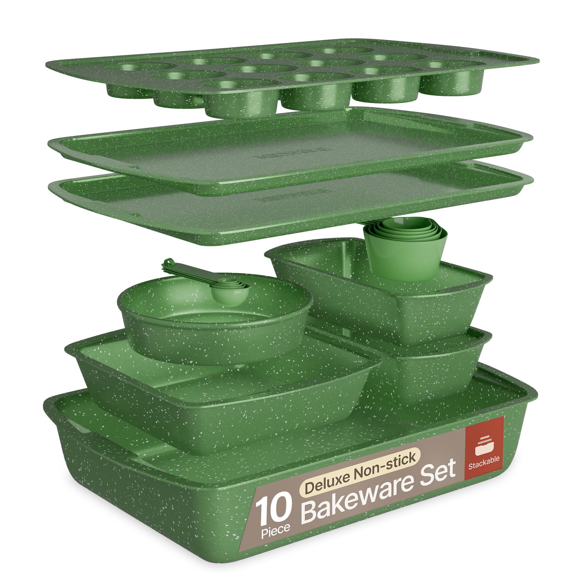 Green 10-Piece Bakeware Sets, Nonstick Carbon Steel Baking Sheet & Pans, Stackable Space-Saving Bakeware, Dishwasher Safe, Stain-resistant, PFOAPFOSPTFE Free, Oven Safe Up To 450°F (230°C) Image