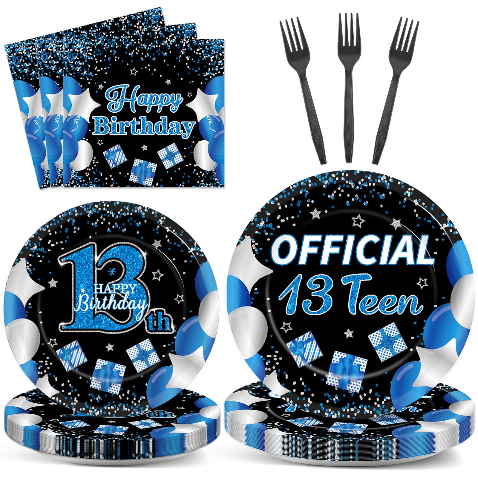 Photo 1 of 100 Pcs 13th Birthday Decorations for Boys Official Teen 13th Supplies Plates Napkins Forks Set Disposable Blue 13th Birthday Tableware Paper Plates Dinnerware for Kids Teenager Favors Serve 25