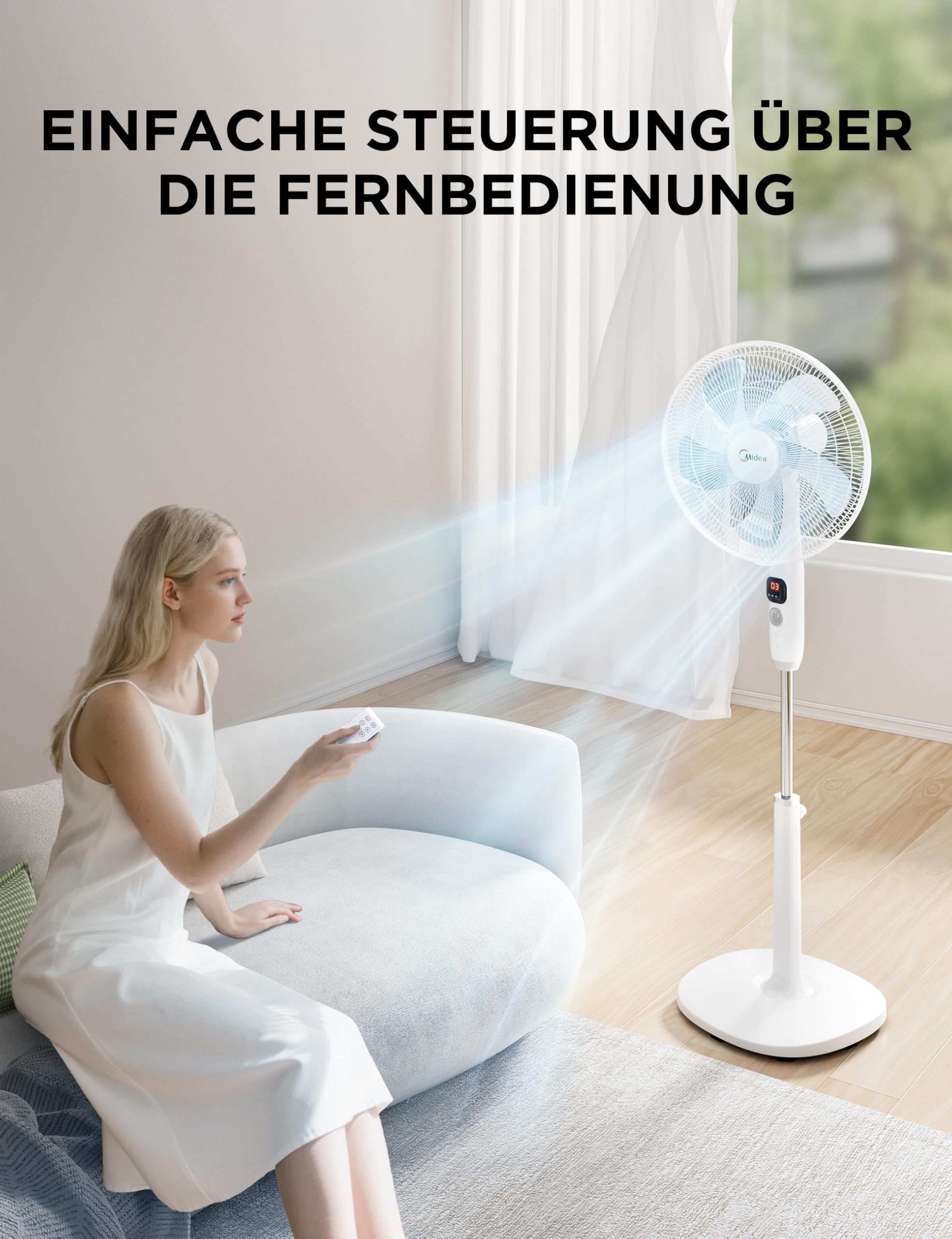 Midea FS40-16CR DC Motor Standventilator leise Extreme,mit Fernbedienung,12 Geschwindigkeiten,12H Timer,4 Modi,LED-Anzeige,energiesparend,22 dB,höhenverstellbar,Luftzirkulation, Weiß 7