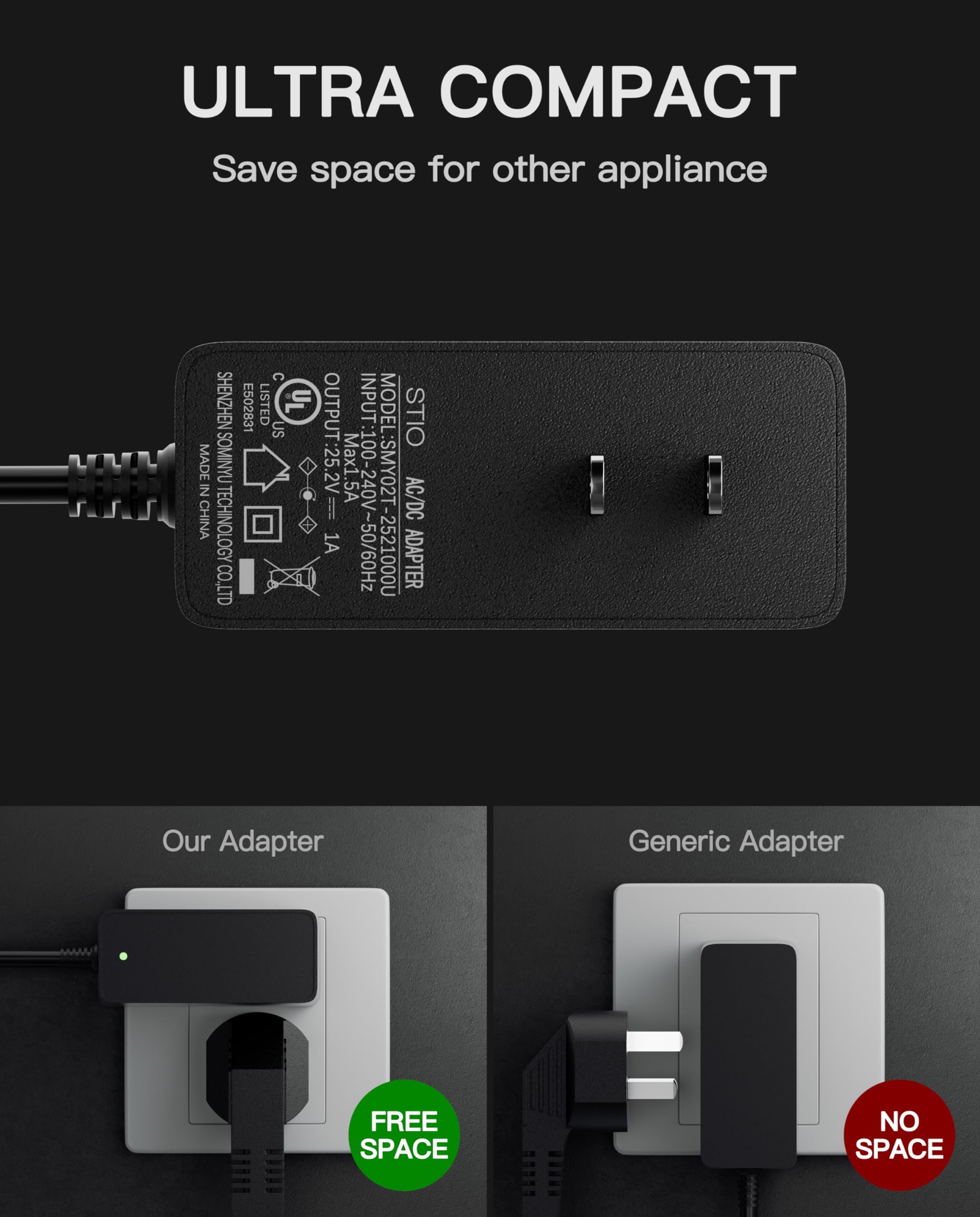 stio 25.2V AC/DC Adapter Compatible with Ninebot by Segway Zing E8 E10 E12 C8 C9 C10 C20 C2 Pro E2 Plus 21.6V Lithium Battery Power Supply Charger UL Certified
