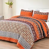 WONGS BEDDING Boho Quilt Set King,Fall Burnt Orange Bohemian Striped Patchwork Bedspread Coverlet Set with 2 Pillowcases,Lightweight Microfiber Floral Bedding Set 104"×90"