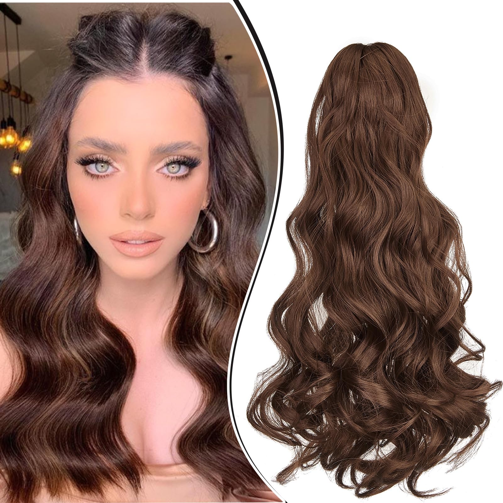 Dcbaboo 18inch Claw Clip in Ponytail Hair Extensions Long Wavy Ponytail Extension Curly Synthetic Pony tails Natural Wave One Piece Hairpiece Fake Ponytail for Women, Dark Auburn โ image 1