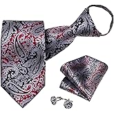 DiBanGu Mens Adjustable Zipper Ties, Woven Paisley Striped Plaid Necktie and Pocket Square Cufflinks Set Pre-tied Wedding Tie