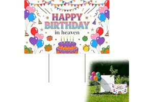 Happy Birthday in Heaven Decoration, Funeral Favor Yard Sign with Stake, 7.87x11.81 Inch Colorful Ribbon Balloon Cake Design 