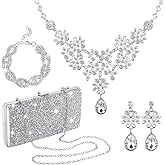 4 Pieces Silver Clutch Purse Rhinestone Jewelry Set for Women Glitter Evening Clutch Bag and Crystal Dangle Earrings Bridal Wedding Necklace Bracelet Prom Jewelry Set for Wedding Bridal Evening Party