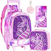 Rolling Backpack for Girls, Roller Wheels Kids Bookbag - Wheeled Suitcase Elementary Sequin School Bag - 3PCS Mermaid