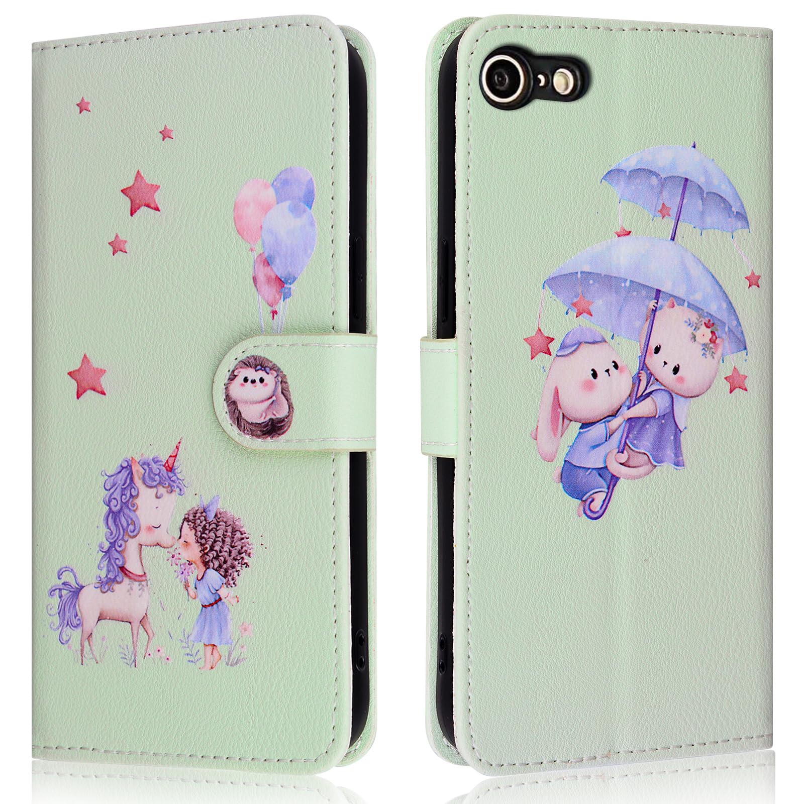 Butnyeoe for iPhone SE 2022/SE 2020 Phone Case,iPhone 8/7 Wallet Case,PU Leather Magnetic Book Flip Protective Cover with Card Holder,Cute Unicorn Green