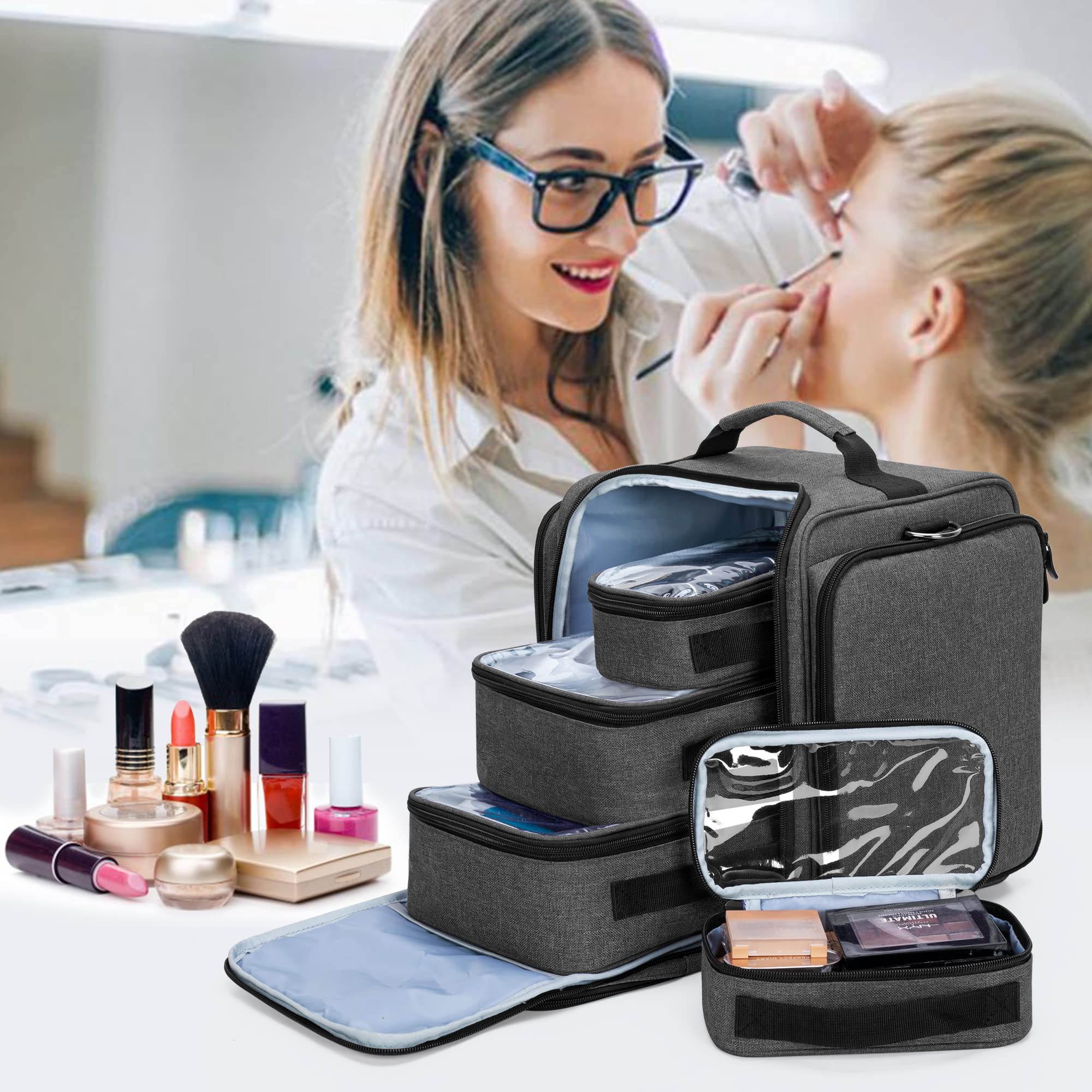BAFASO Makeup Bag Cosmetic Bag with 4 Inner Removable Pouches, Multifunctional Travel Makeup Case (Patent Pending), Black