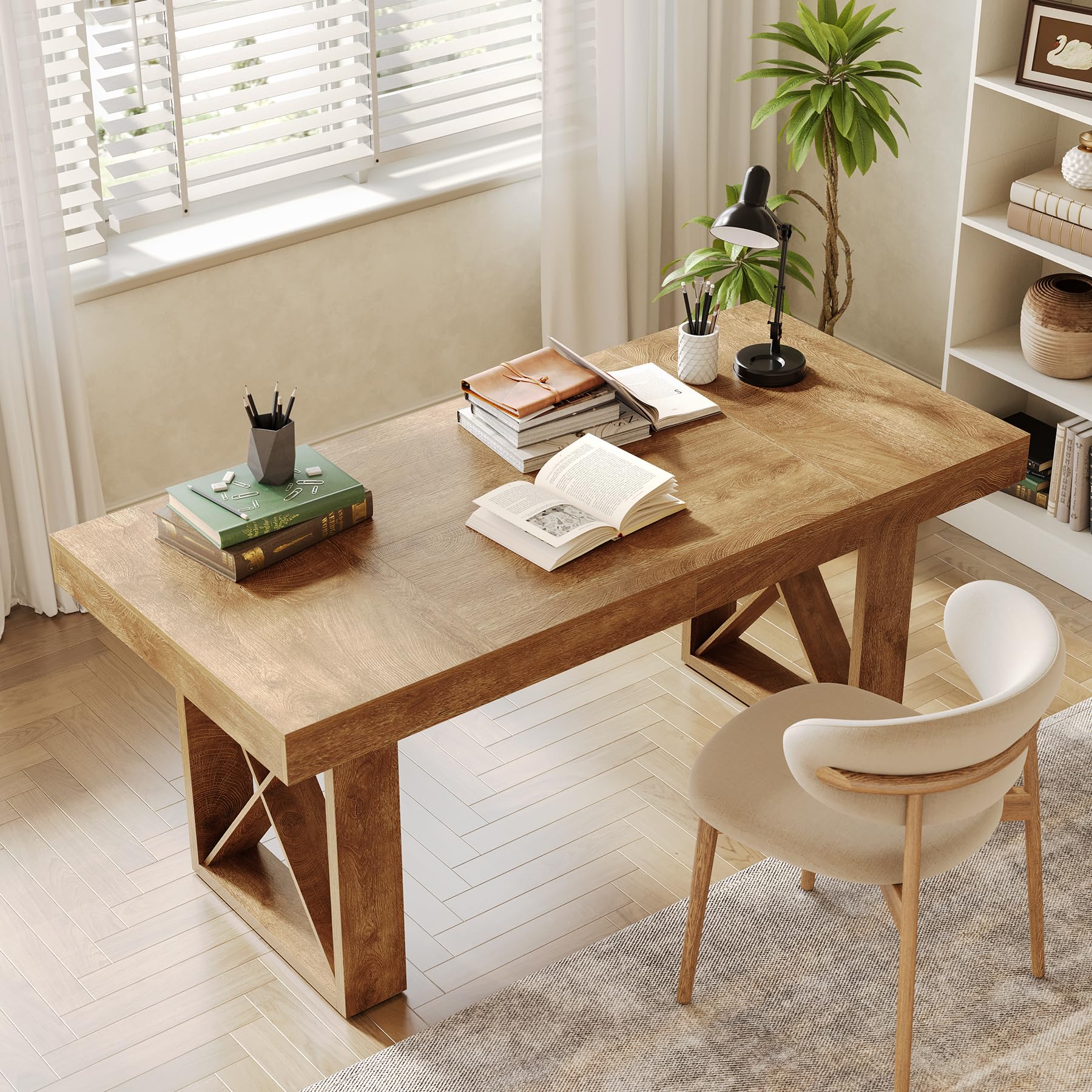 Photo 1 of LITTLE TREE 63-Inch Computer Desk, Simple Thick Appearance, Study Gaming Writing Workstation Executive Office Desk for Home, Study Room, Brown