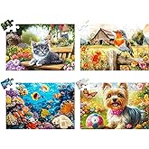 4 Pack 36 Large Piece Puzzles for Seniors Puzzle Dementia Alzheimer's Products Activities for Seniors Dog Cat Bird Fish Easy Jigsaw Puzzle Memory Games Gift for Elderly Adult with 4 Storage Bags