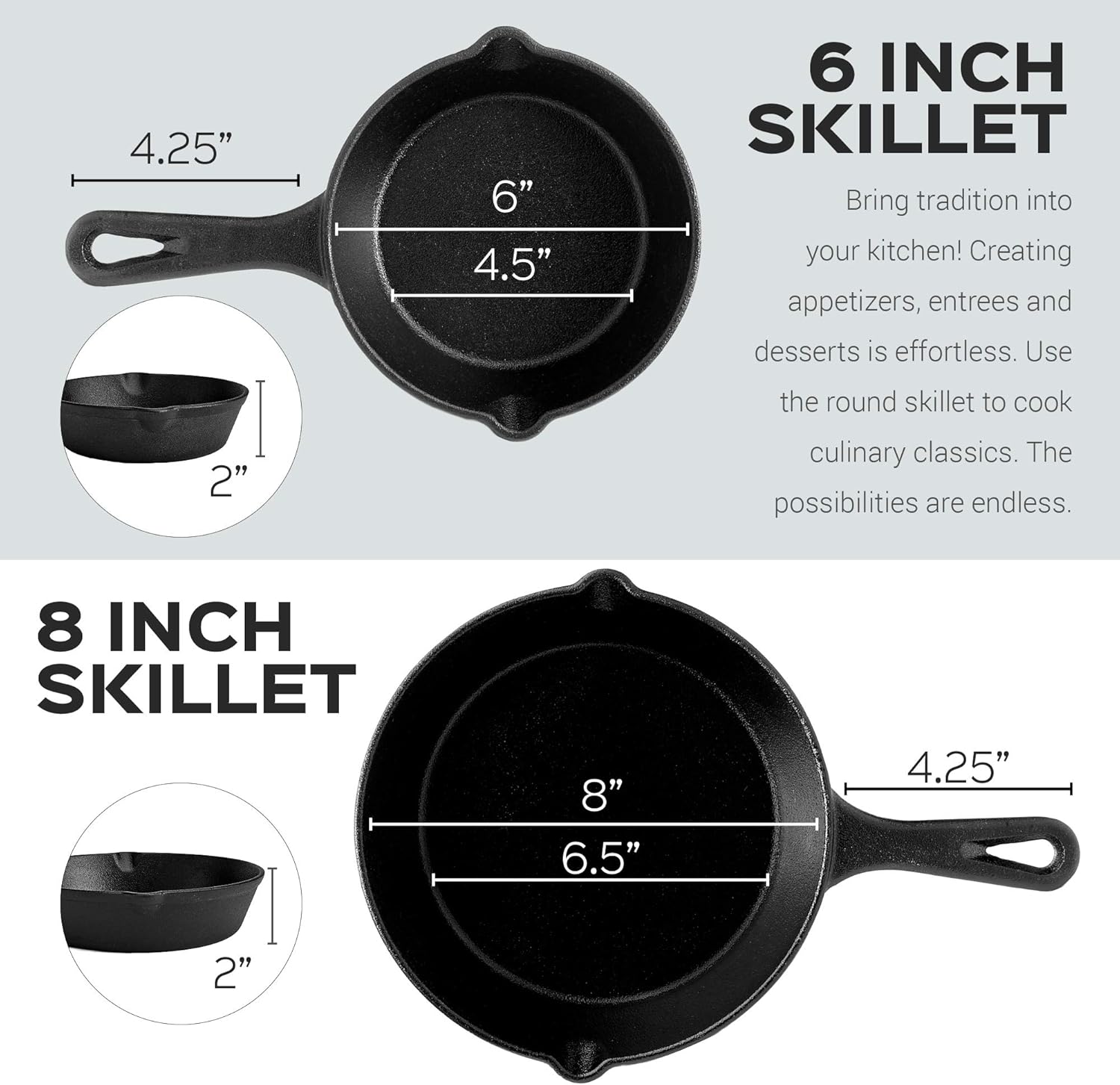 cuisinel Cast Iron Skillet Set, 6"+8"+10" / 15.24cm+20.32cm+25.4cm + 3 Silicone Handle Holders - Image 4