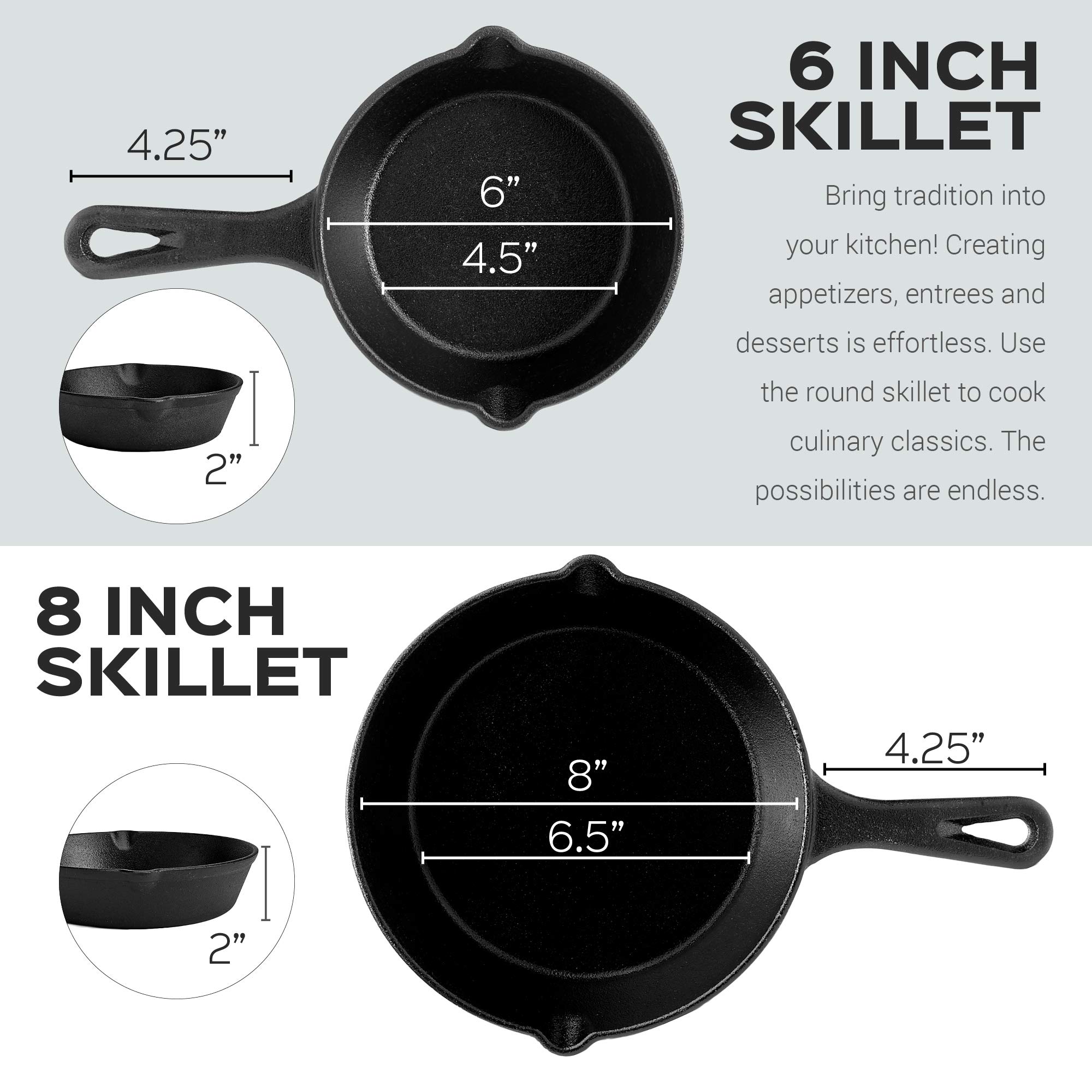 Cuisinel 鋳鉄スキレットセット - 4ピース シェフパン - 6インチ + 8インチ + 10インチ + 12インチ + 耐熱ハンドルホルダー4個 - 熟成オーブン使用可 - 屋内/屋外使用 - グリル コンロ、IH対応