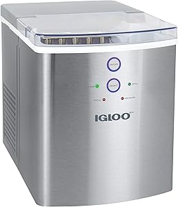 Igloo ICEB33SS Large-Capacity Stainless Steel Automatic Portable Electric Countertop Ice Maker Machine, 33 Pounds in 24 Hours, 9 Cubes Ready in 7 minutes, With Scoop and Basket