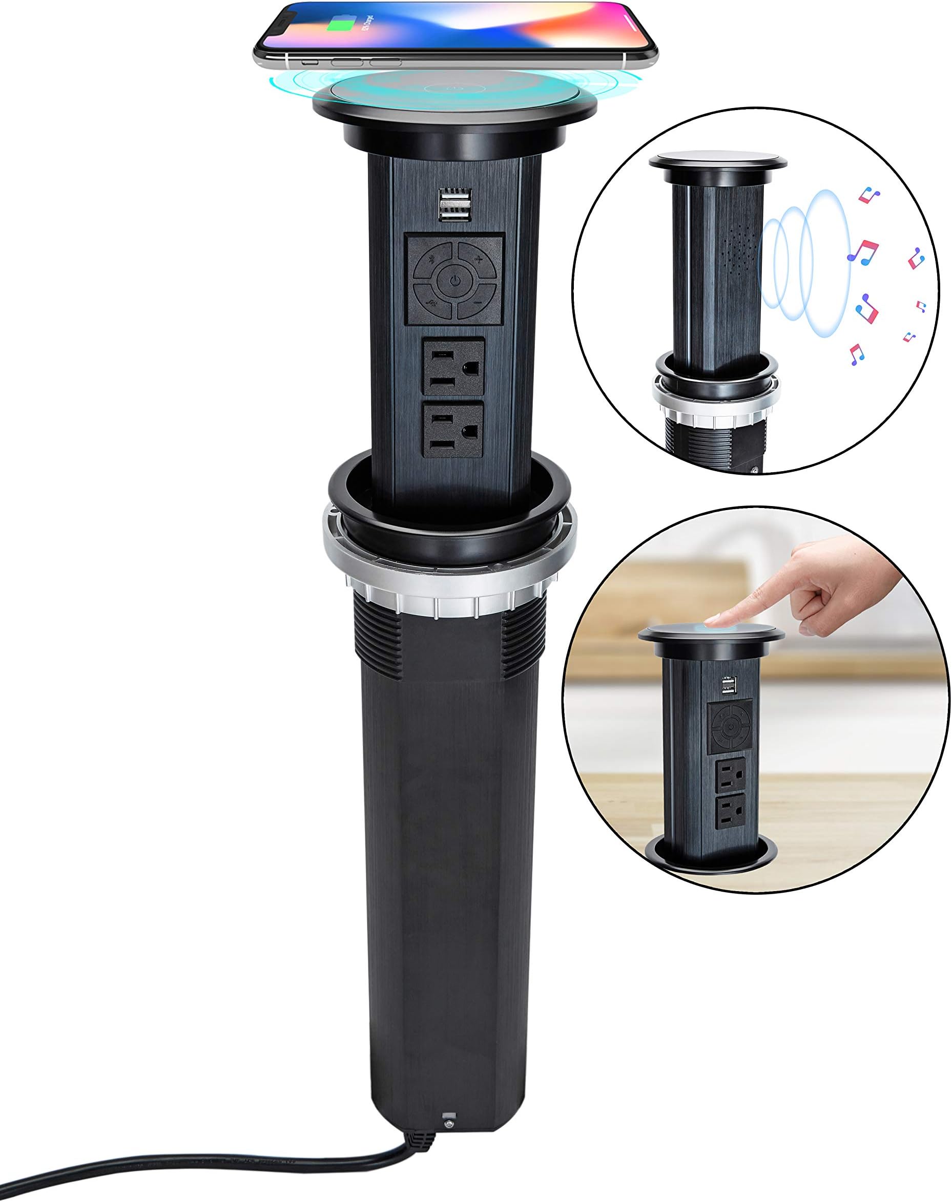 Kungfuking Intelligent Pop Up Socket Surge Protector Retractable Outlet Motorised Power Strip & Dual USB with Wireless Charging Stations and Bluetooth Speaker for Kitchen, Conference Room (Black)