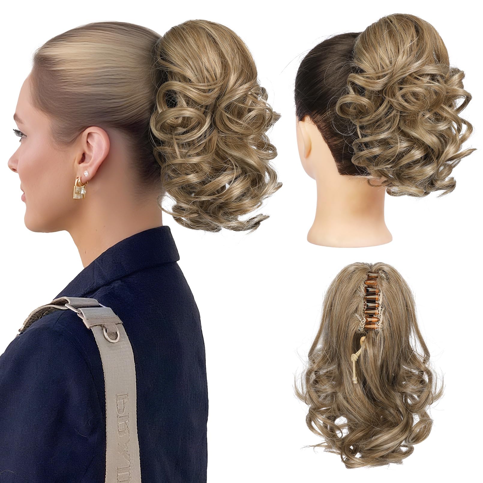 Photo 1 of REECHO 9" Short Ponytail Extension, Classic Loose Curly Wavy Claw Clip Pony tails Hair Extensions HP001 Hairpieces for Women - Medium Blonde with Blonde Highlights