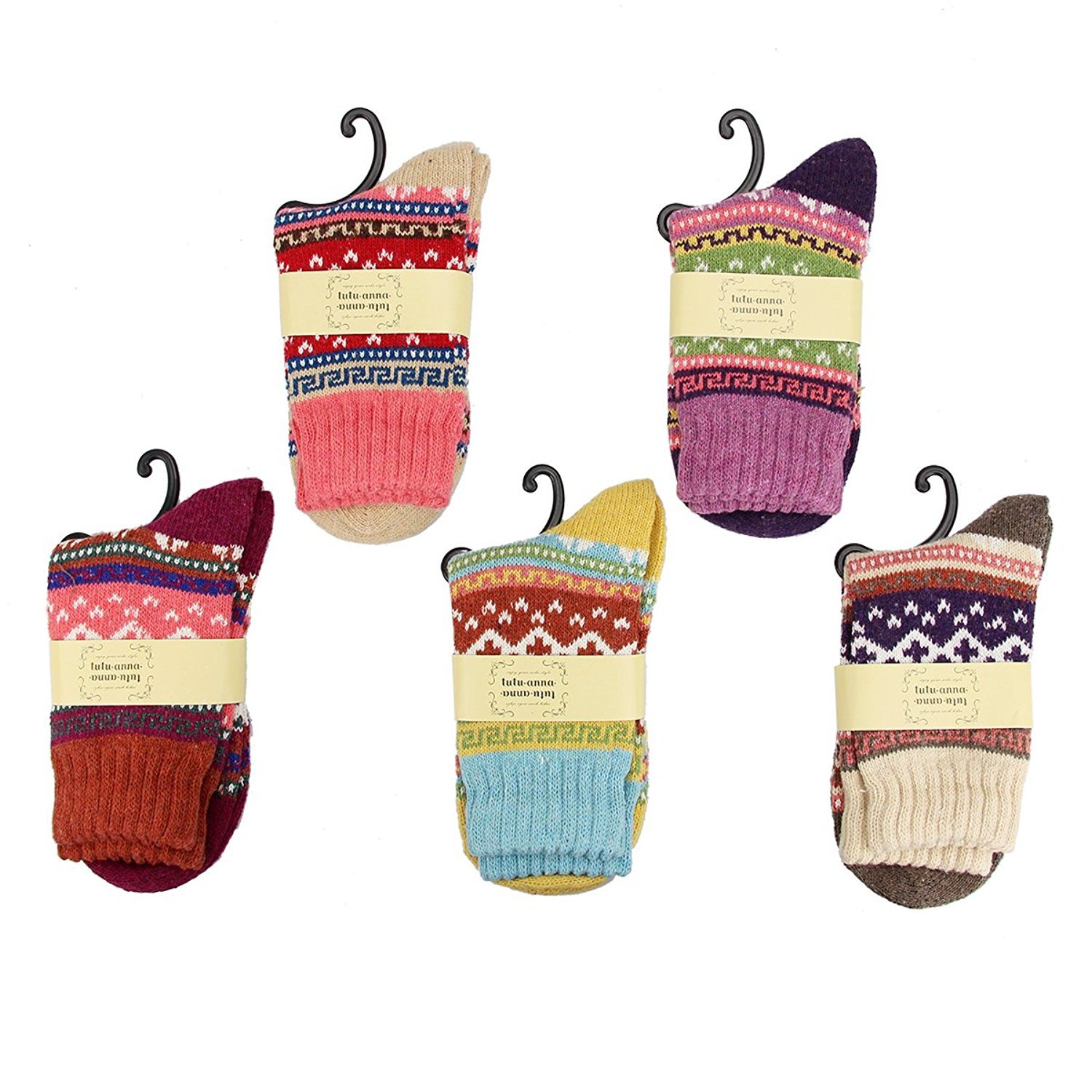 Women 5 Pairs Super Thick Knit Winter Wool Cashmere Thick Warm Soft Casual Socks, One Size,