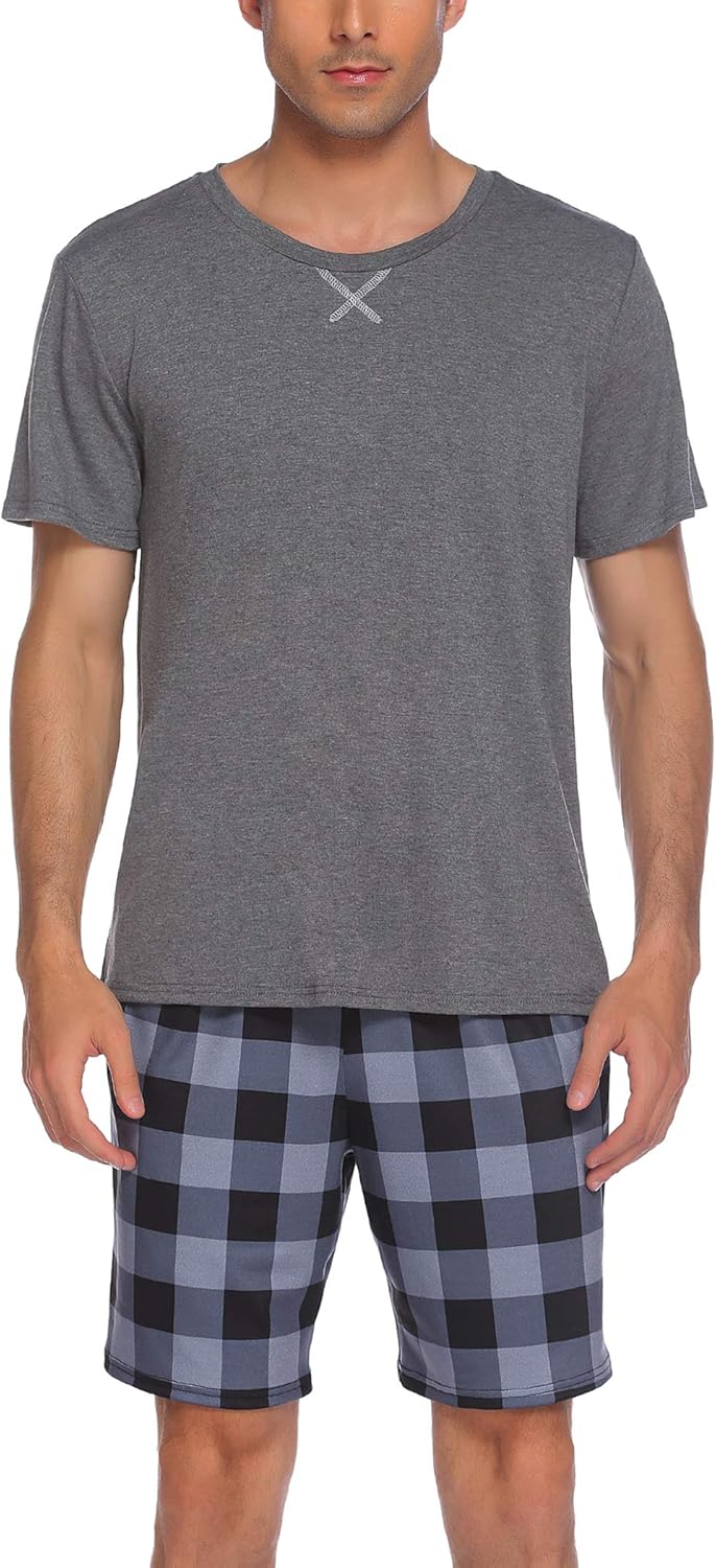 Ekouaer Mens Pajamas Shorts Set Plaid Sleepwear with Pockets Loose