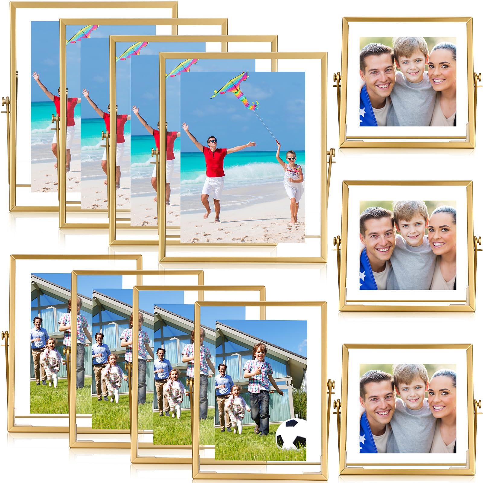 Photo 1 of Hoteam 12 Pack 4x4, 4x6, 5x7 Floating Frame Glass Photo Frame Collection Vintage Metal Minimal Ornate Easel for Pictures Photos Desk Tabletop Display (Gold)