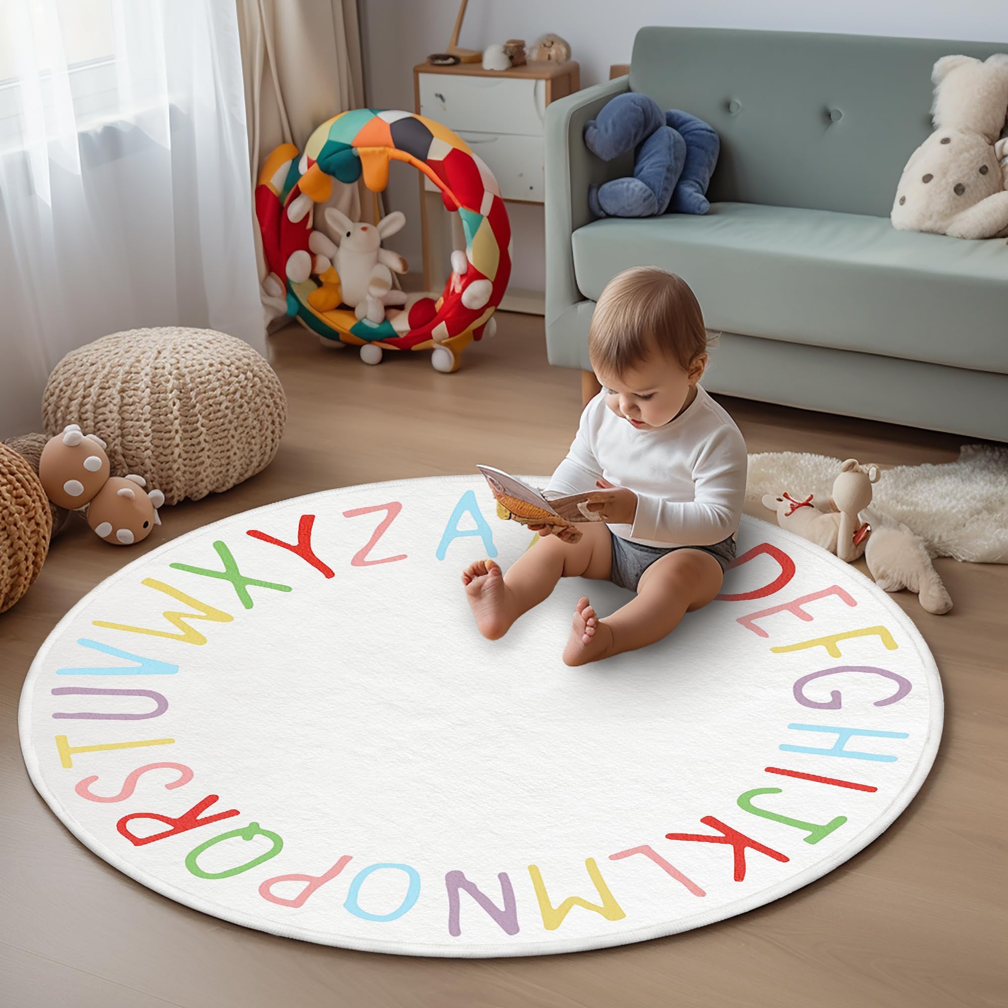 Offizon Round Soft and Fluffy Area Rug, 120x120 cm Feet Beige Furry Smooth Indoor Decor, Carpets for Living Room, Bedroom (Alphabet)