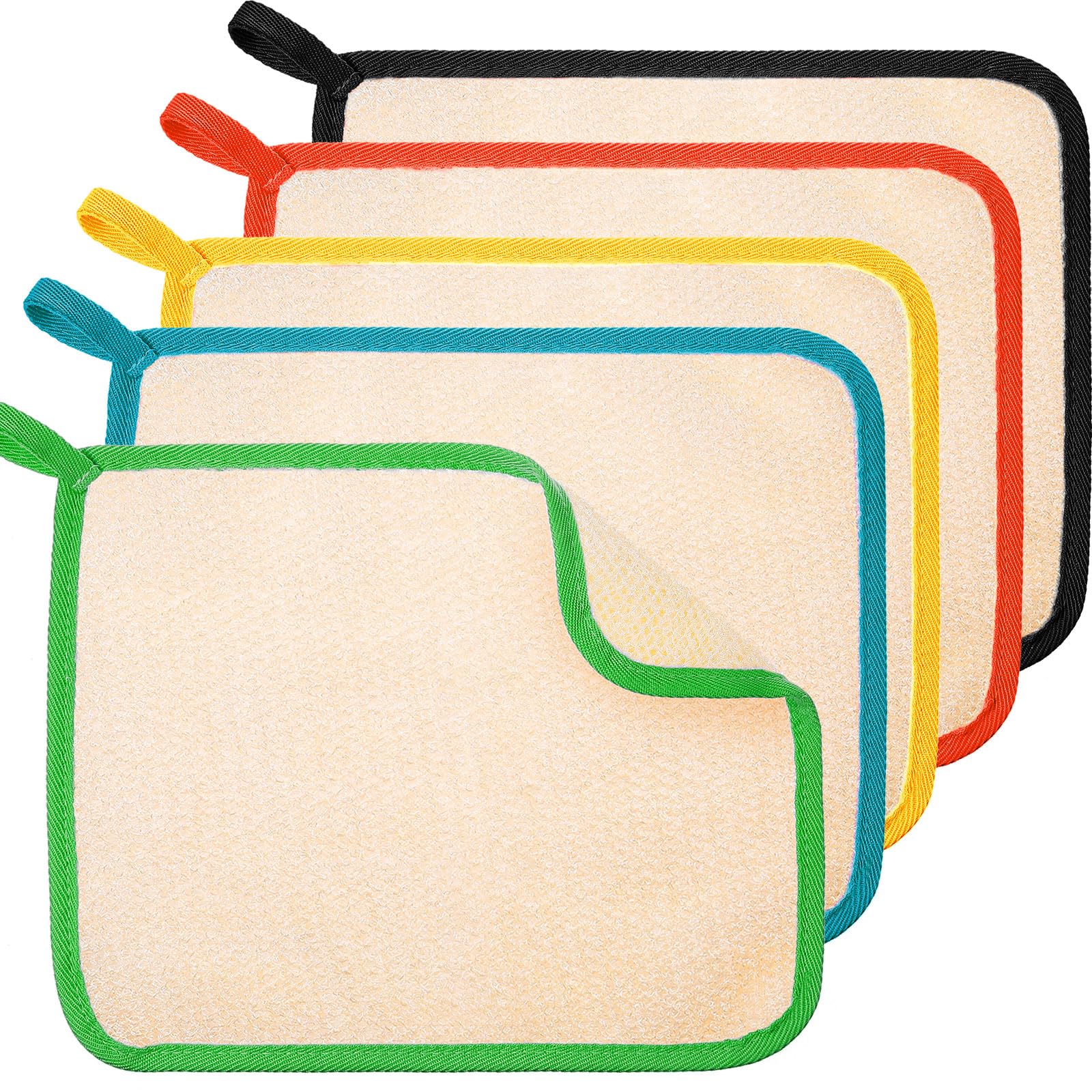 Photo 1 of Tatuo 5 Pcs Exfoliating Face and Body Wash Cloths Towel Weave Bath Exfoliating Scrub Massage Bath Cloth for Women and Men, 10.63 x 9.05 Inch(Black Green Orange Blue Yellow Edge)
