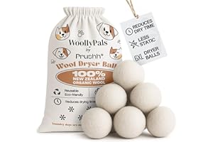 PRUSHH WoollyPals Dryer Balls (6-Pack, XL Size) - 100% New Zealand Wool - No More Dryer Sheets - Eco Dryer Balls - Reusable - Softens Laundry - Reduces Drying Time & Static - with Storage Bag (Plain White)