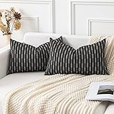 Kevin Textile Pack of 2 Farmhouse Throw Pillow Covers Boho Woven Texture Linen Striped Decorative Pillow Cases for Couch Bed and Chair, Black 12 x 20 inches 30 x 50 cm