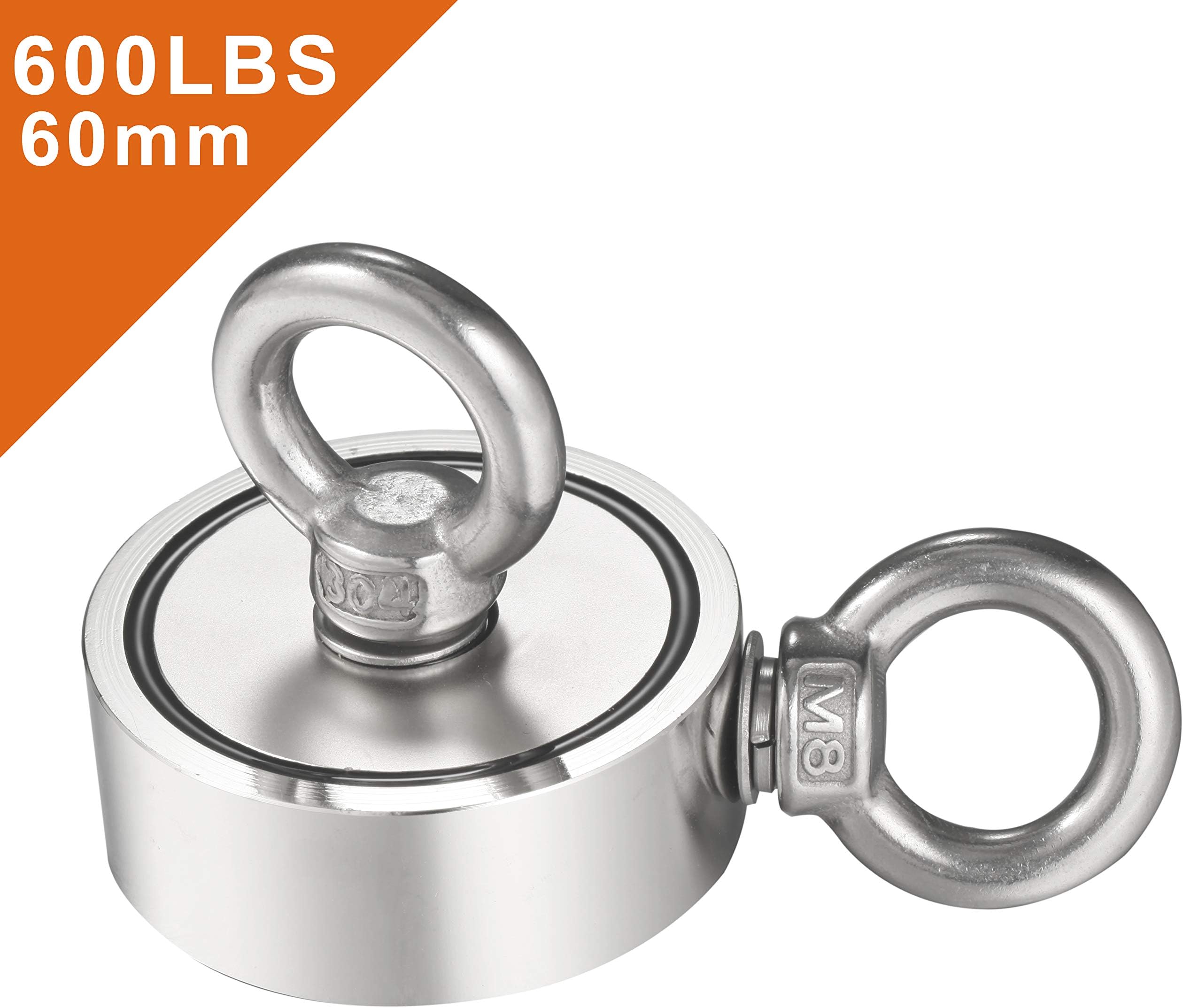 Wukong Double Side Round Neodymium Fishing Magnet, Combined 600LB(272KG) Pulling Force,60mm Diameter Neodymium Magnet with Eyebolt for Magnet Fishing and Salvage in River