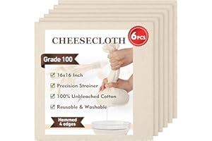 TOPULORS 6 PCS Cheesecloth, Precut 16x16 in, Hemmed 4 Edges, Grade 100 Ultra Fine 100% Unbleached Cotton - Reusable Cheese Ma