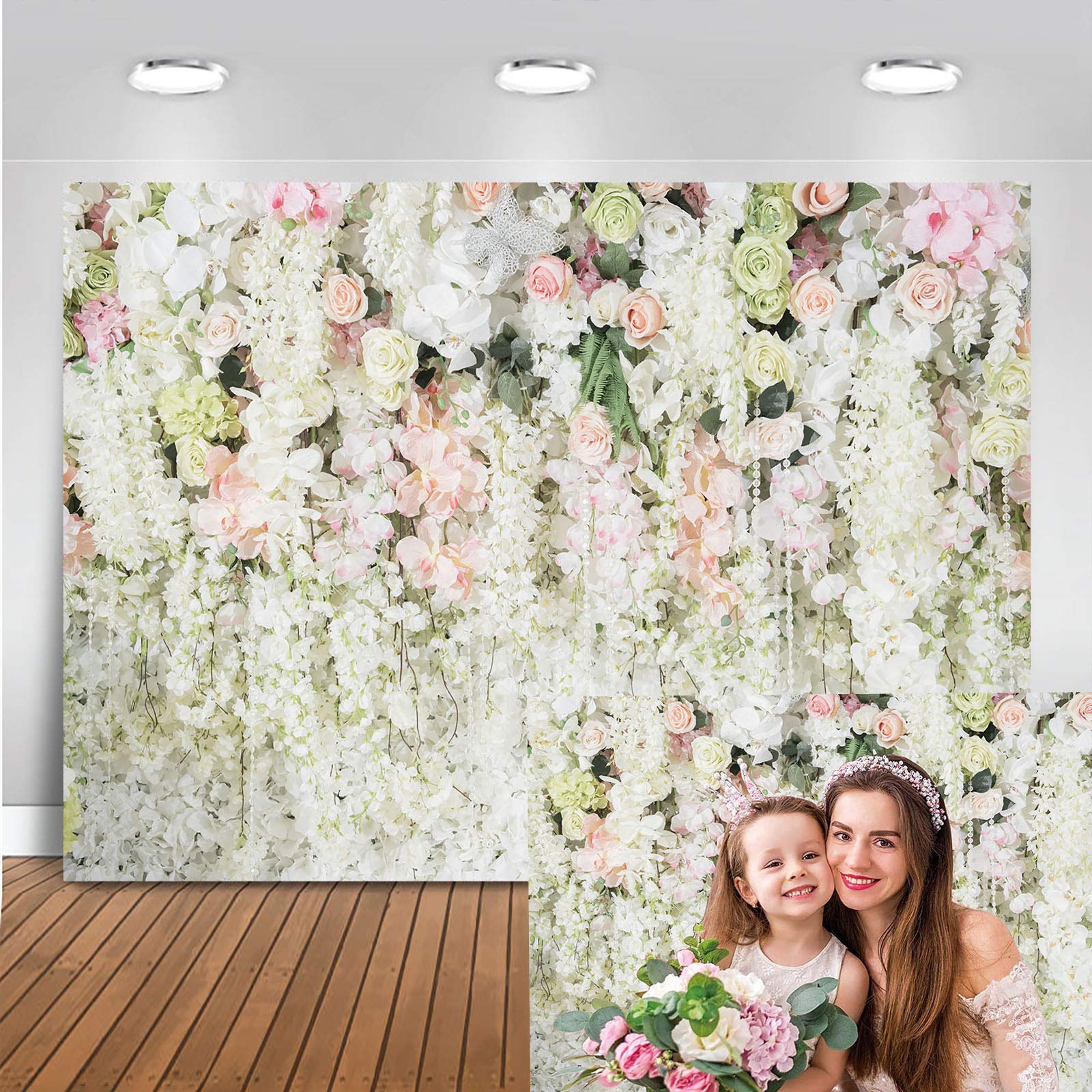 Avezano 7x5ft Wedding Flower Photography Background Floral Curtain White Flower Wall Backdrops for Baby Shower Birthday Party Ceremony Wall Decoration Banner