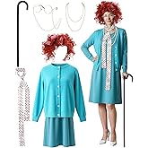 Hoosige 7 Pcs Old Lady Costume for Women 100 Days of Adult Grandma Costume Outfit Dress Granny Sweater Nightgown Wig