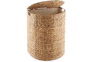 Casafield Half Moon Laundry Hamper with Lid and Removable Liner Bag - Natural, Woven Water Hyacinth Laundry Basket for Clothes and Towels