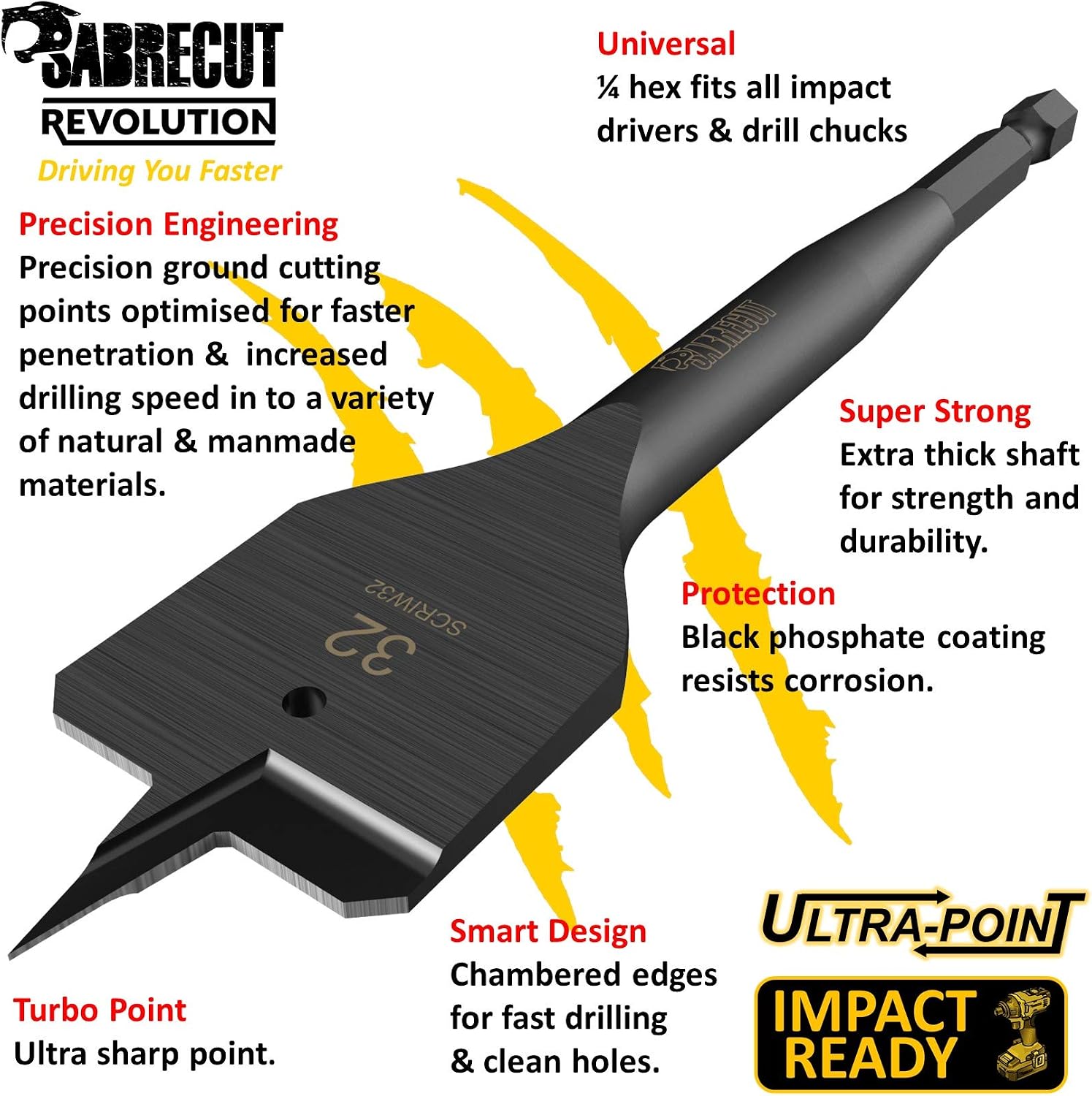 1 x SabreCut SCRIW32_1 32mm x 152mm Impact Rated Flat Wood Spade Bit for Softwood Hardwood Chipboard - Image 3