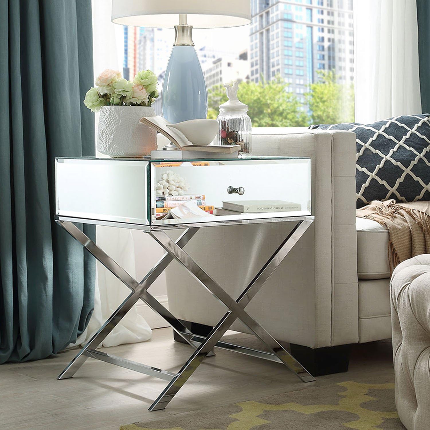 Amazon Com Modhaus Living Contemporary Glass Mirror Accent Nightstand End Table With 1 Drawer And X Metal Legs Includes Pen Chrome Furniture Decor