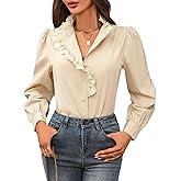LOOKBOHO Blouses for Women Dressy Casual - Ruffle Mock Neck Button Down Tops Fall Dressy Elegant Solid Retro Shirts for Work, Office, Casual, and Formal Wear Beige Small