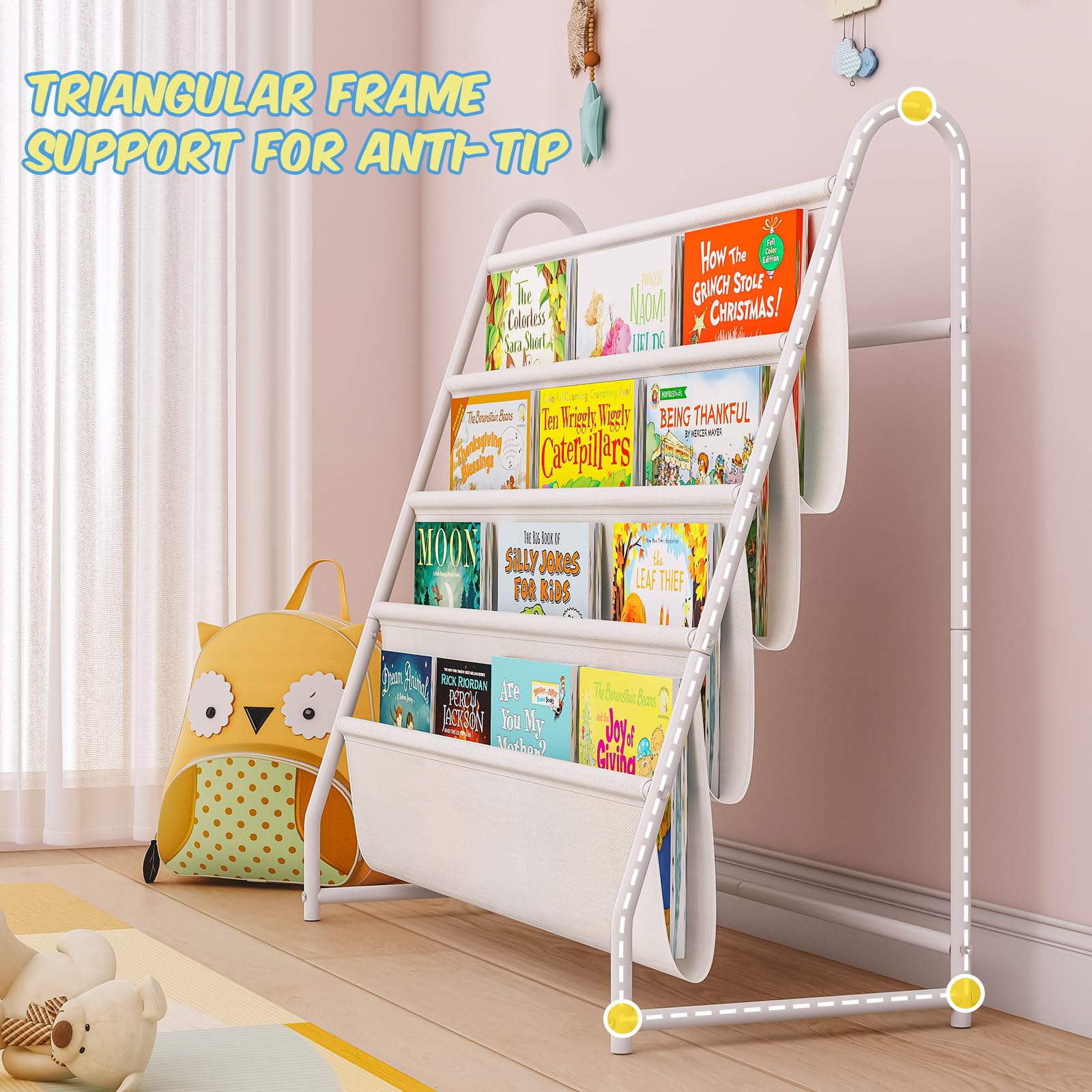 Tatub Kids Bookshelf with 4 Tier Deep Sleeves, Children Montessori Bookshelf Sling Storage Book Rock, Toddler Front Facing Display Book Shelf for Playroom Nursery Bedroom Classroom