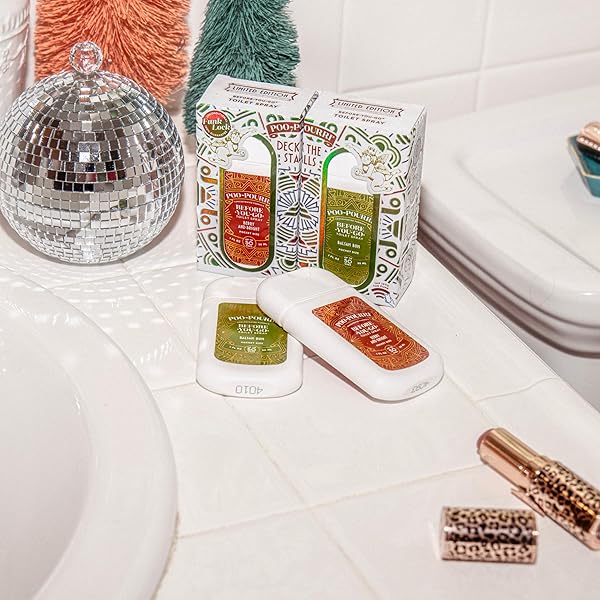 POO-POURRI DECK THE STALLS TEAR AWAY GIFT SET, BERRY AND BRIGHT 1 FL OZ POCKET SPRAYER AND BALSAM BUM 1 FL OZ POCKET SPRAYER