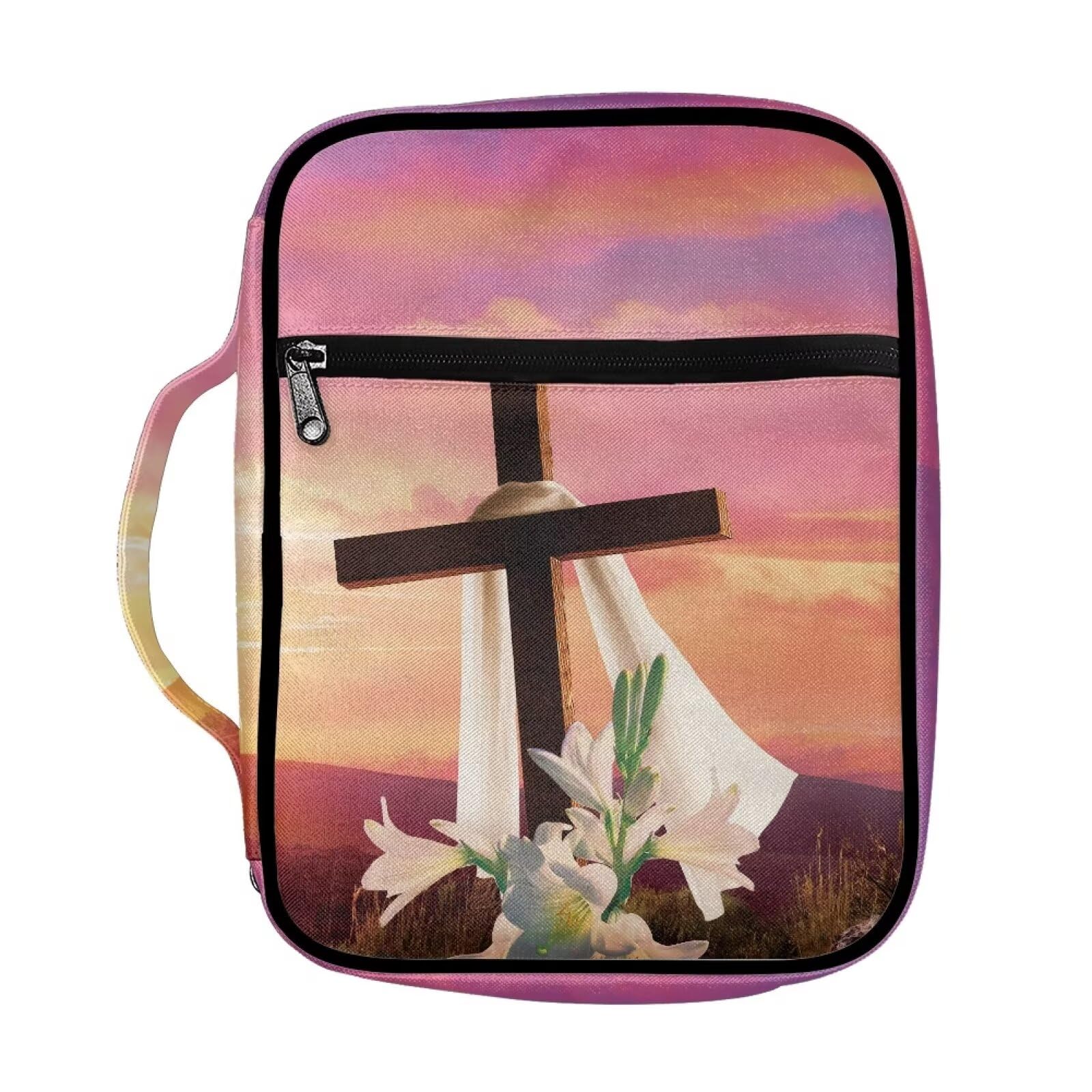 ZIATUBLES Cross Bible Covers with Handle for Women Men Large Bible Bag with Zipper Pockets Book Holder Bible Carrier Bag for Christian Bible Study, Sunset Glow Lily Flower Cross Print