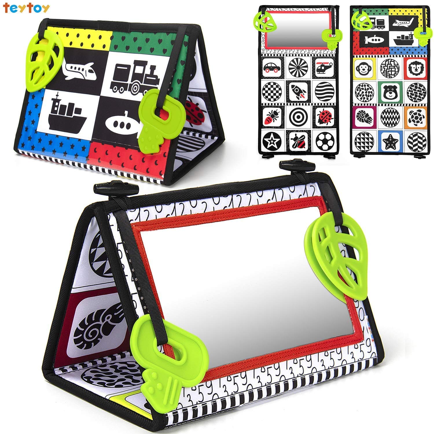 teytoy Tummy Time Mirror for Babies New Born Toys for 0-6 months Tummy Time Toys High Contrast Sensory Toys with Black and White Patterns and Teether Baby Mirror Tummy Time Flip Foldable