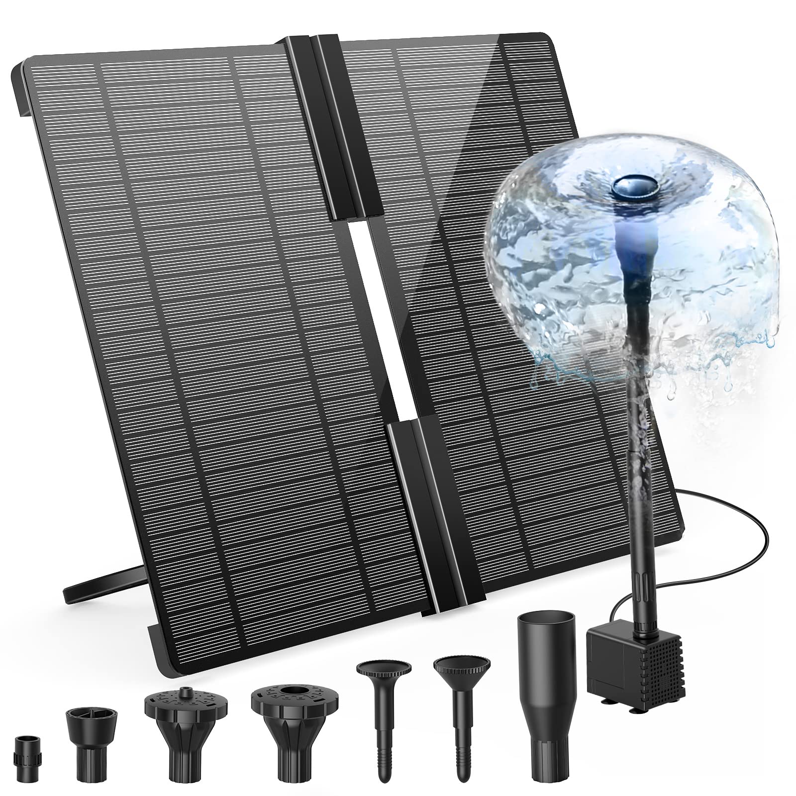 AMZtime 20W DIY Solar Powered Water Fountain Folding Solar Panel with Adjustable Stand Pond Fountain with 6 Styles Solar Pump for the Garden, DIY Water Features