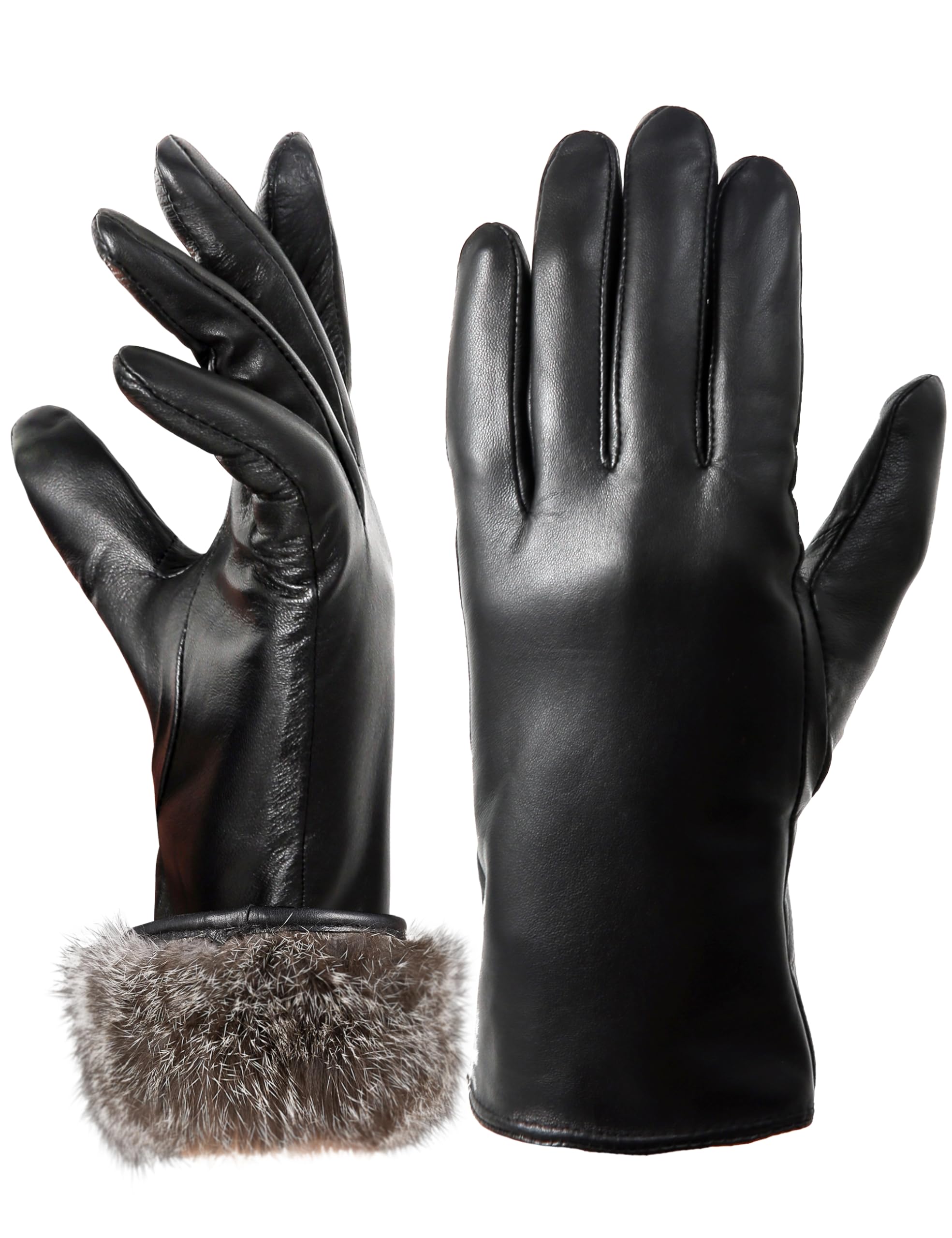 Photo 1 of Neiicty Super Warm Fur Lined Leather Gloves Women Touchscreen Texting Driving Gloves Simple Classic Style Black Medium