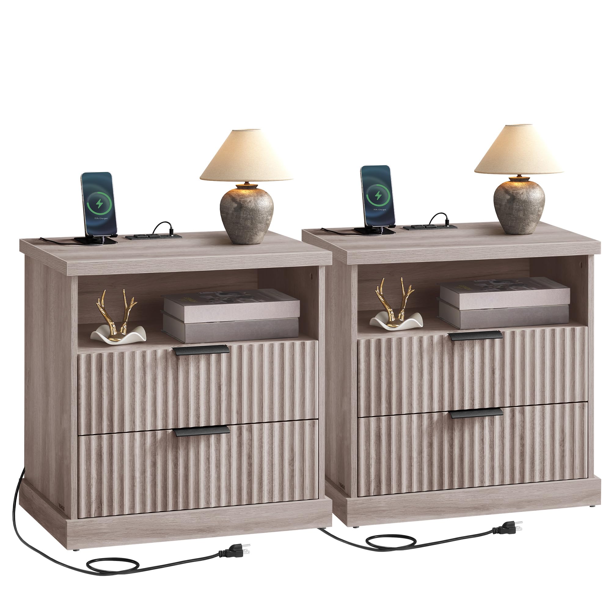 VASAGLE MAXE Collection - Set of 2 Nightstands with Charging Station, Fluted Night Stand, Bedside Table, Mid Century Modern Side End Table, 2 Drawers, 2 AC Outlets, 2 USB Ports, Washed Gray ULET926G01