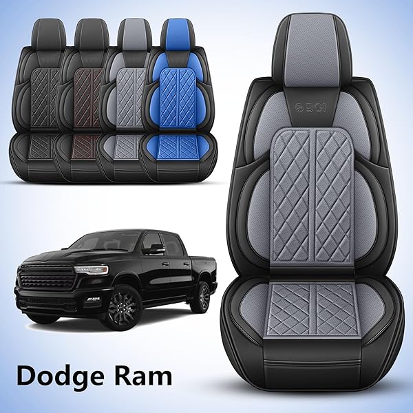 DUDUWANG CAR SEAT COVER CUSTOM FIT FOR DODGE RAM 1500 2500 3500 2002-2026 FAUX LEATHER SEAT COVER SET COMPATIBLE WITH CREW QUAD REGULAR CAB PICKUP TRUCK CUSHIONS (BLACK & GREY, FULL SET, FLAT REAR)