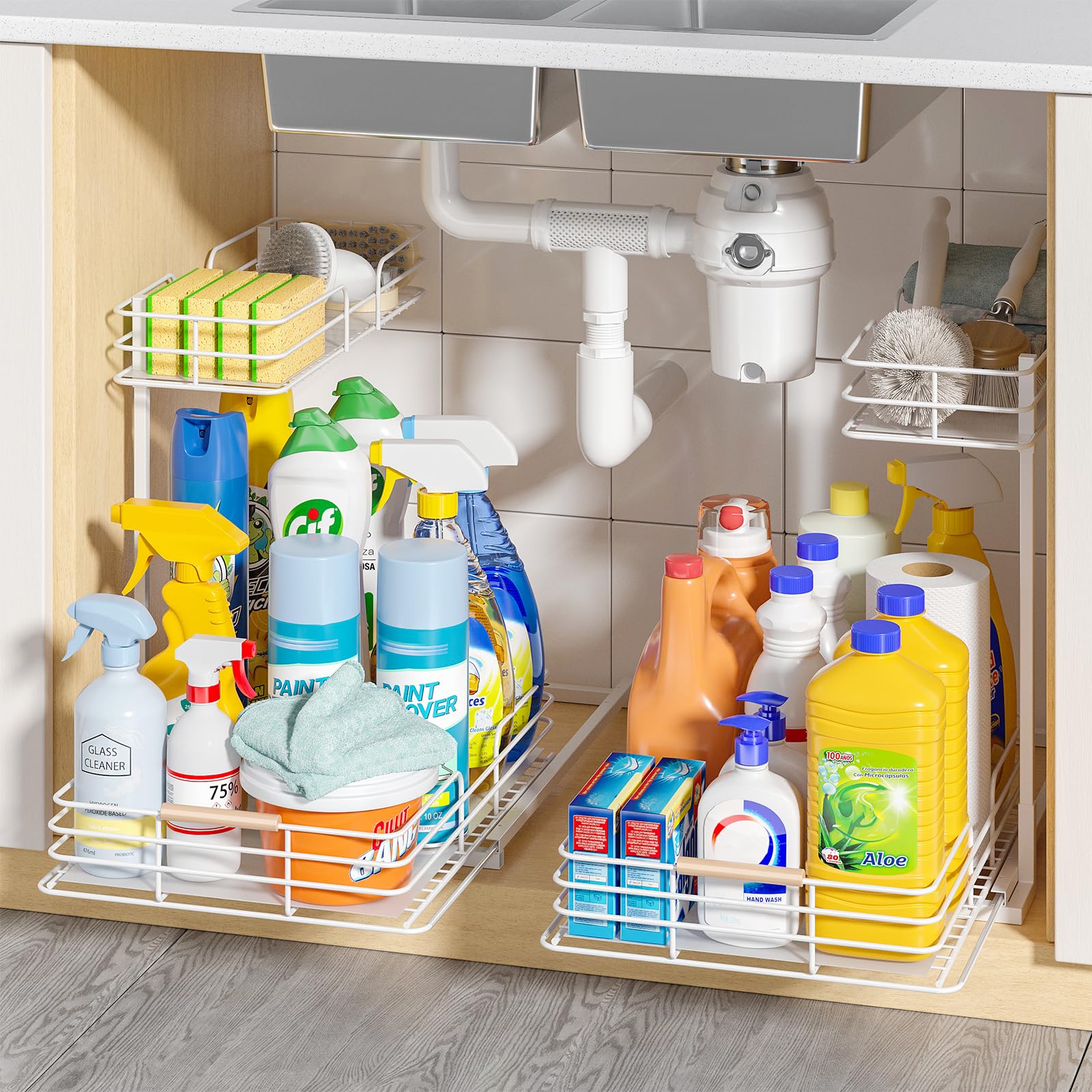Photo 1 of LAMU 2Pack Under Sink Organizers and Storage, 2 Tier Bathroom Kitchen Cabinet Organizers and Storage, Pull Out Under Sink Storage Kitchen Shelf Organizer for Under Counter Storage Organizer, White