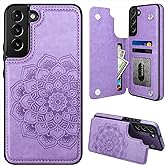 MMHUO for Samsung Galaxy S22 Case with Card Holder,Flower Magnetic Buttons Protective Wallet Cover for Women for Samsung Galaxy S22 5G (2022),Purple