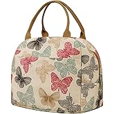 EurCross Beige Butterfly Lunch Bag for Women Work Daily Use Necessaries Storage, Reusable Medium Adult Lunch Tote Sack Bag for Bento Box with Insulated Liner